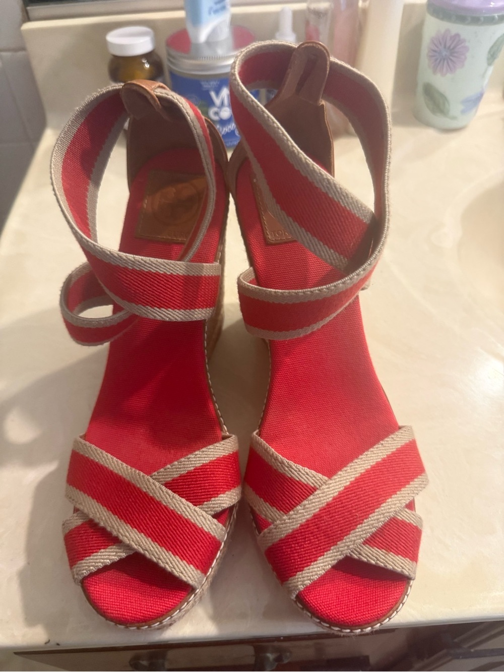 Tory Burch Red and Natural Striped Espadrille Wedge Sandals